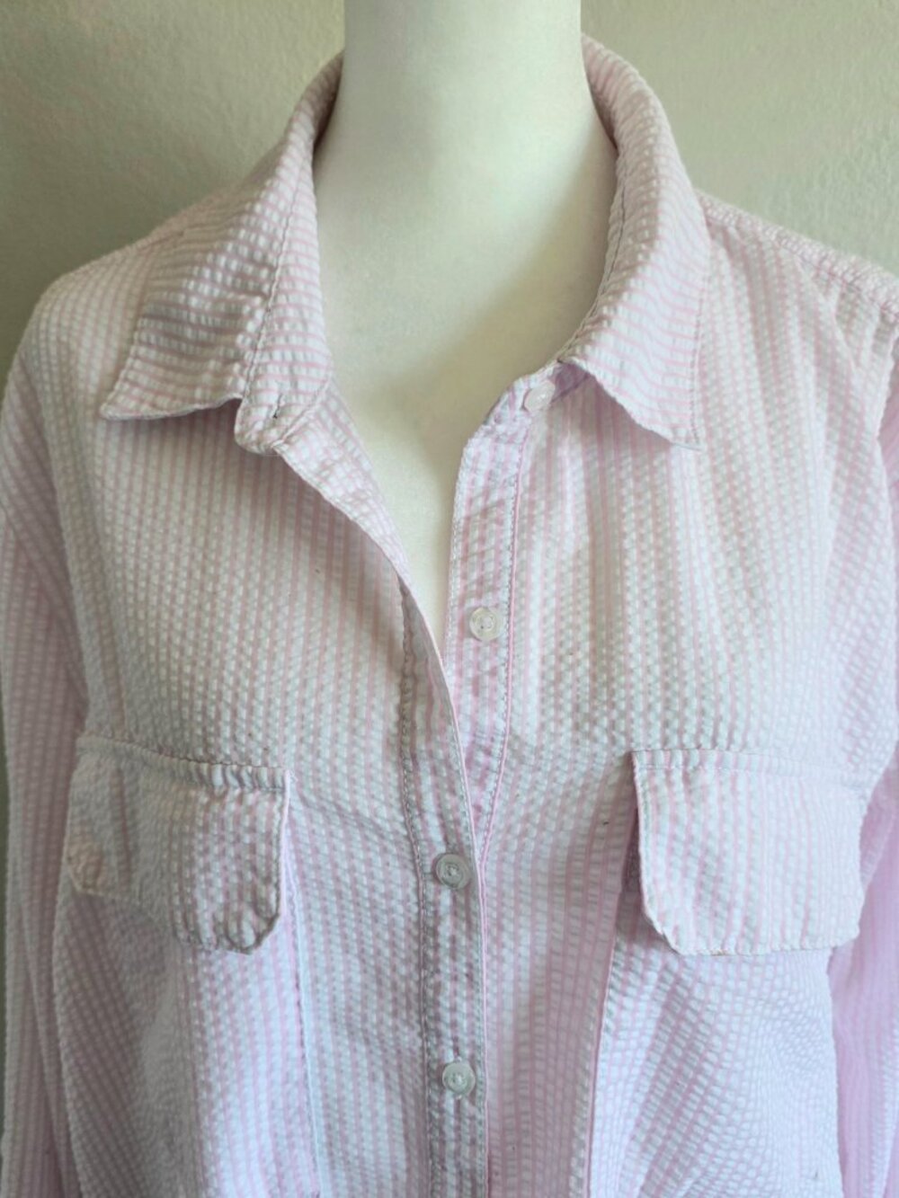 Casa Cabana Shirt Women XXL Pink White Stripe Seersucker Roll Tab Sleeve Coastal - Picture 3 of 8